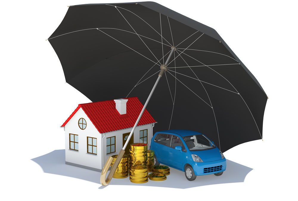 Black umbrella covers home, car and money. Isolated on white background