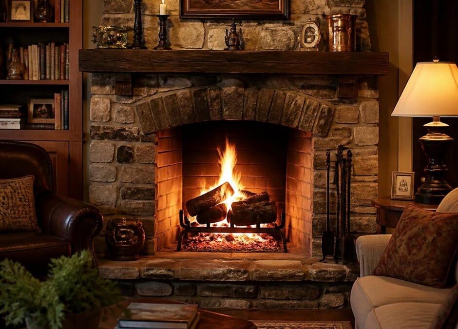 A cozy living room featuring a fireplace, a comfortable chair, and bookshelves filled with books